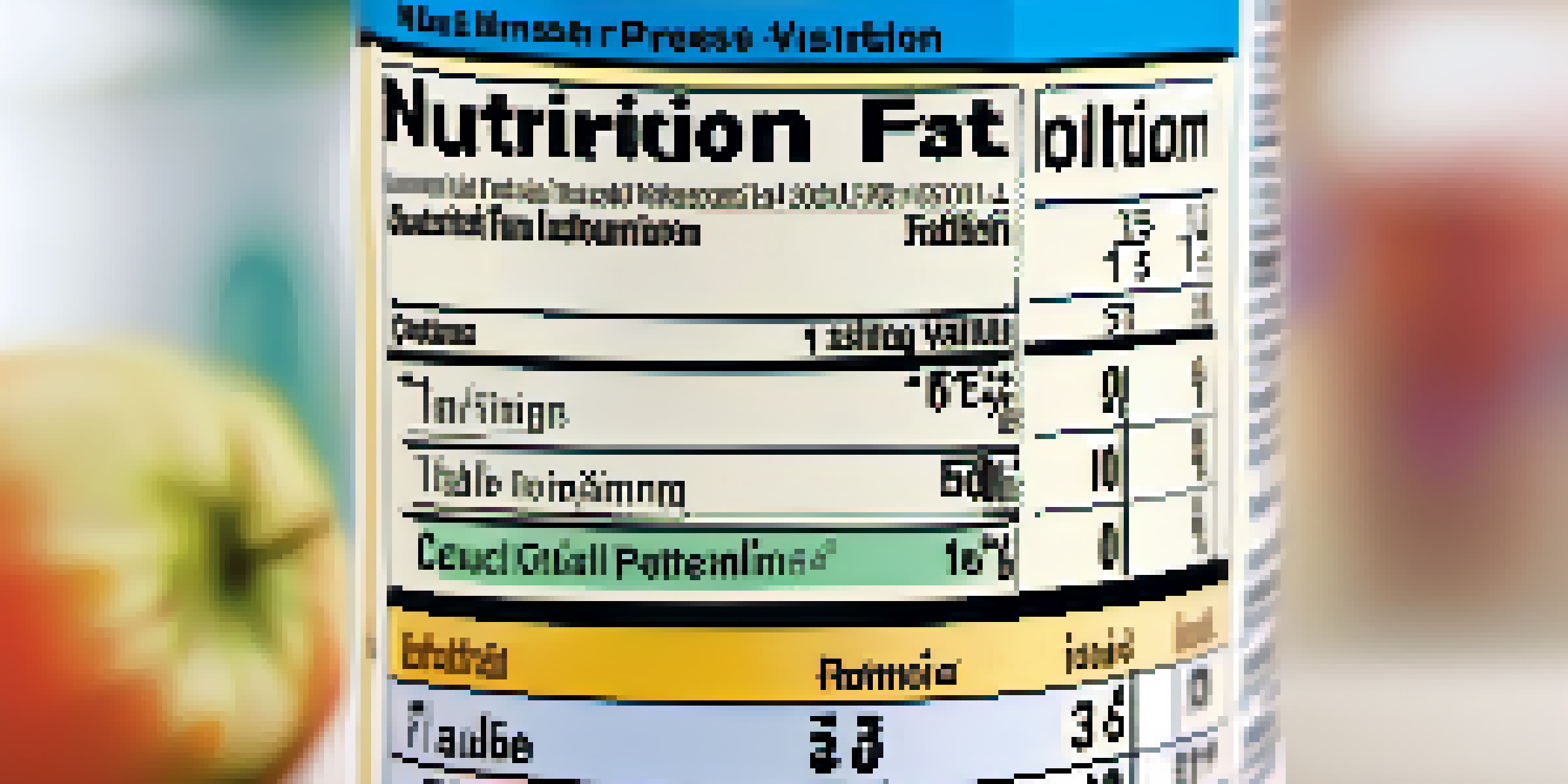 A close-up of a colorful food label showing nutritional information, with a blurred background.