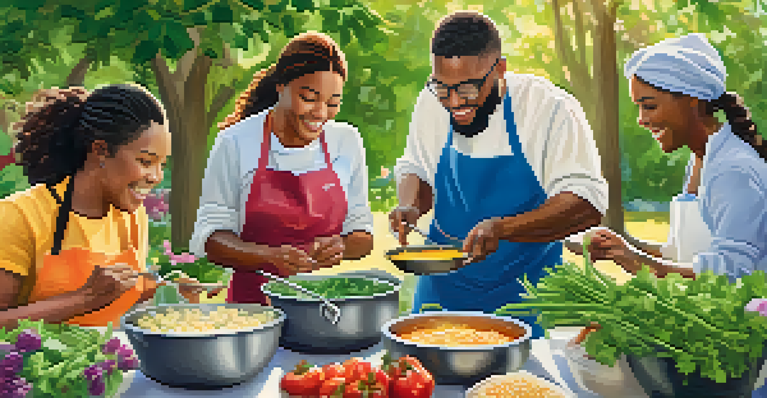 A community cooking class outdoors, with diverse participants preparing healthy meals together in a vibrant garden setting.