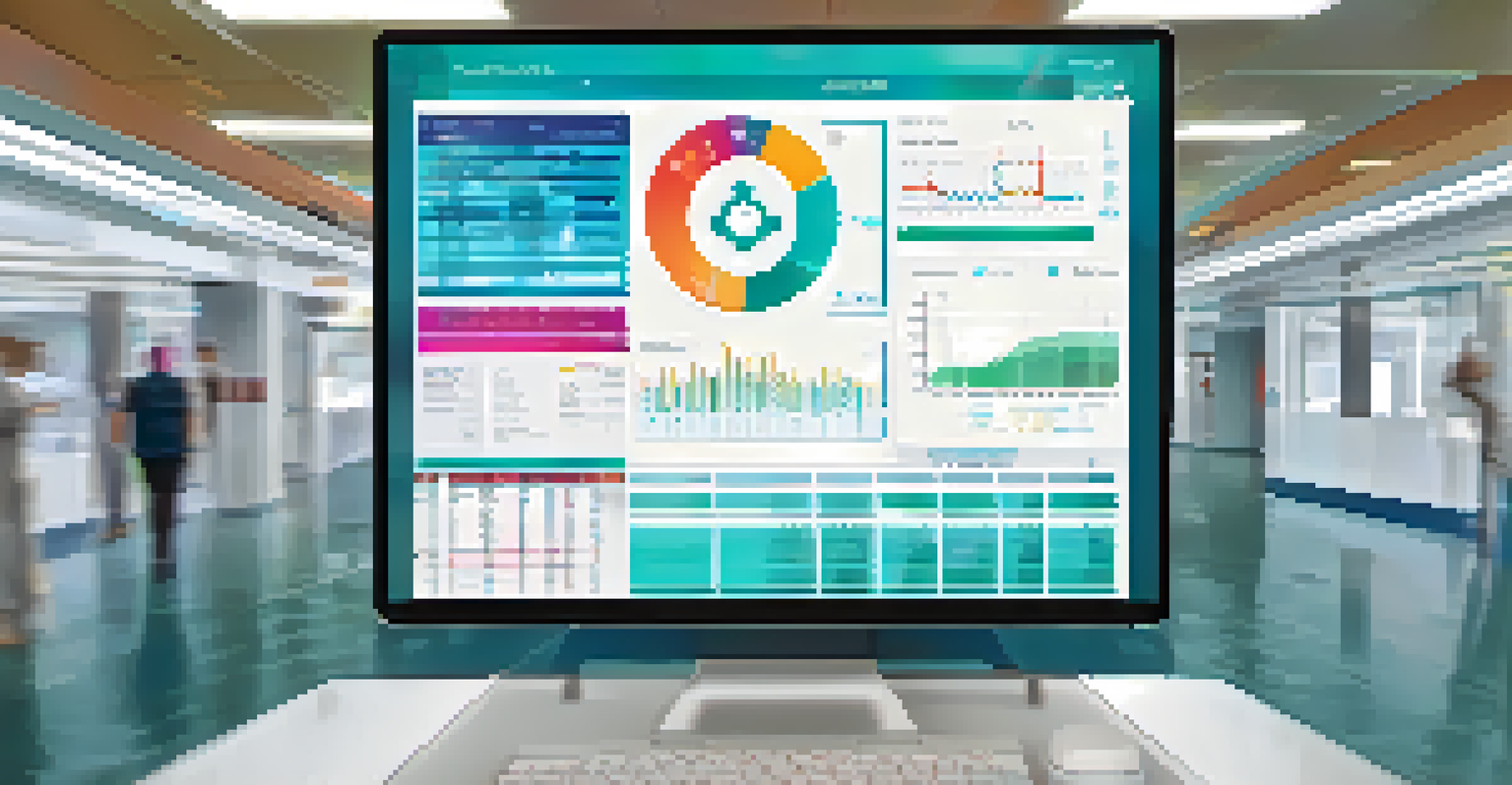 A computer screen displaying a colorful digital health record interface with graphs and patient data in a hospital setting.