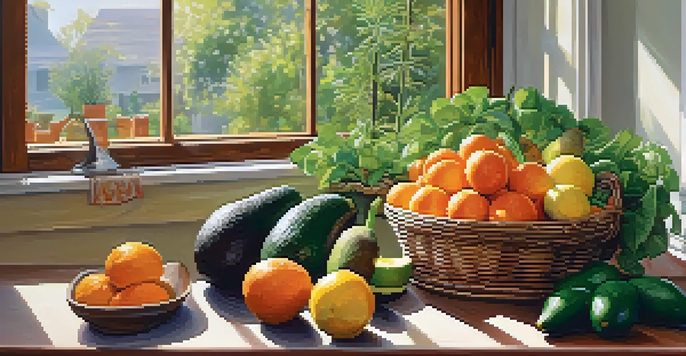 A bright kitchen with fresh fruits and vegetables on a wooden countertop, illuminated by sunlight.