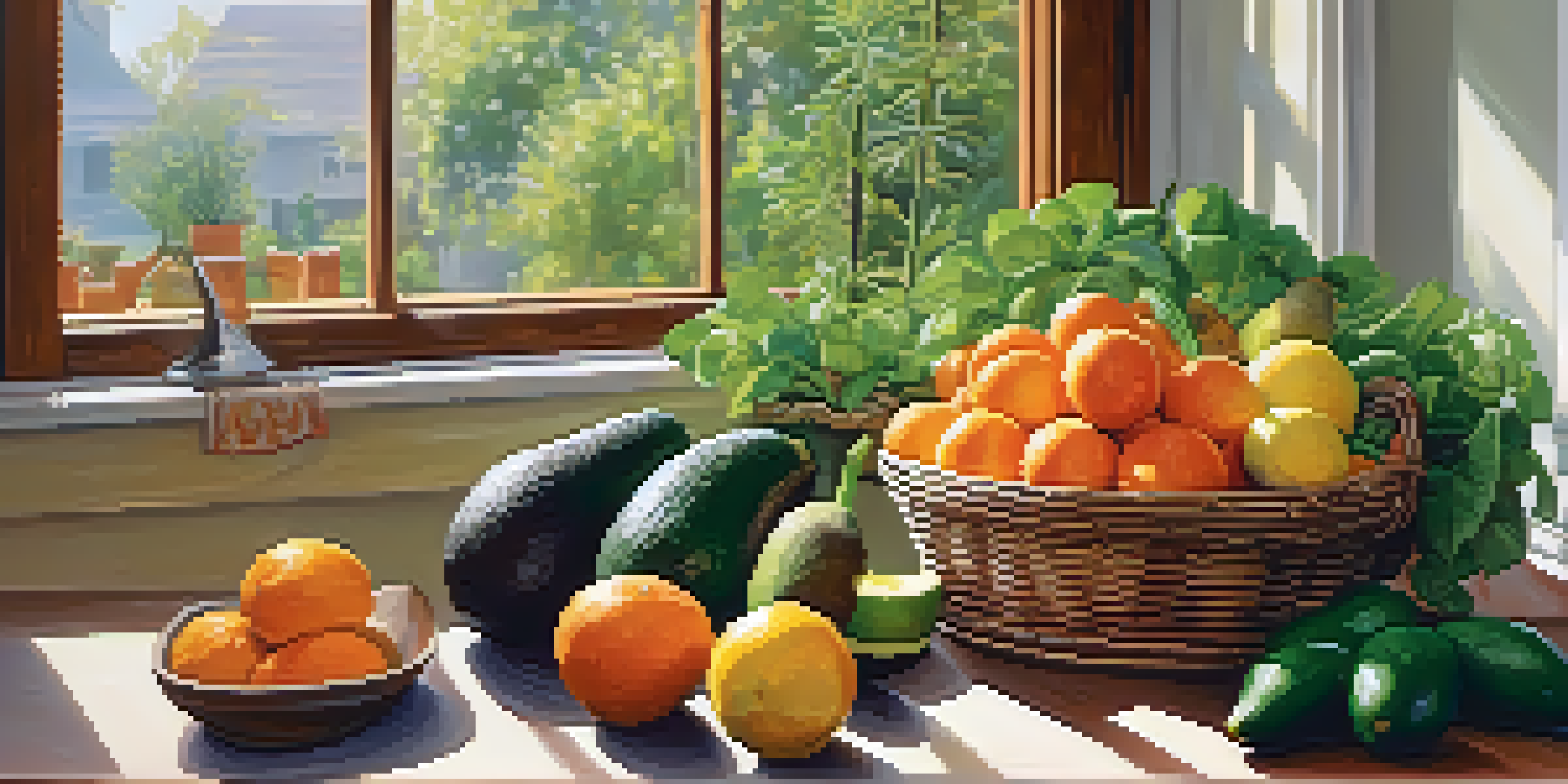 A bright kitchen with fresh fruits and vegetables on a wooden countertop, illuminated by sunlight.