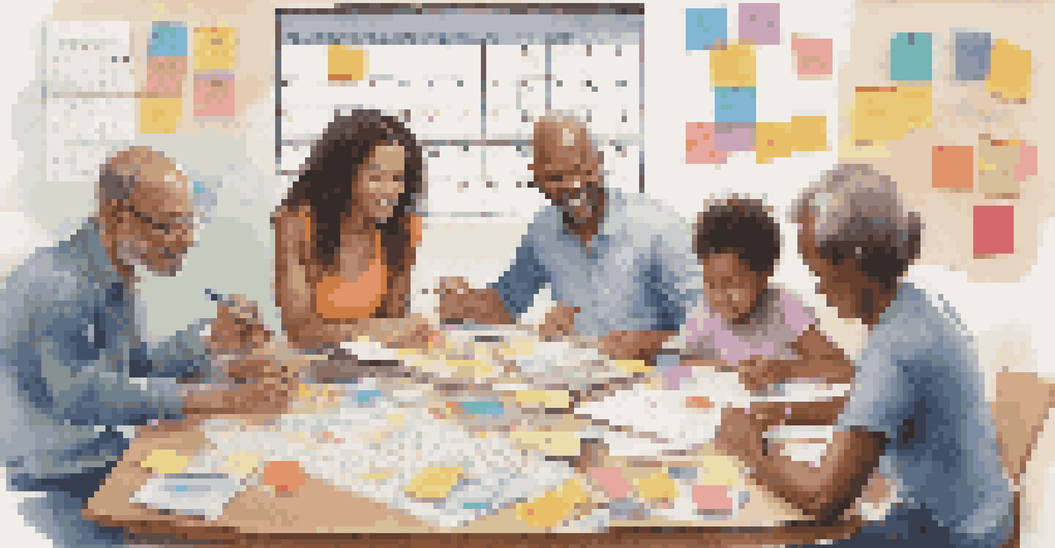 A family planning their goals together around a table filled with sticky notes and a calendar, showcasing teamwork and enthusiasm.