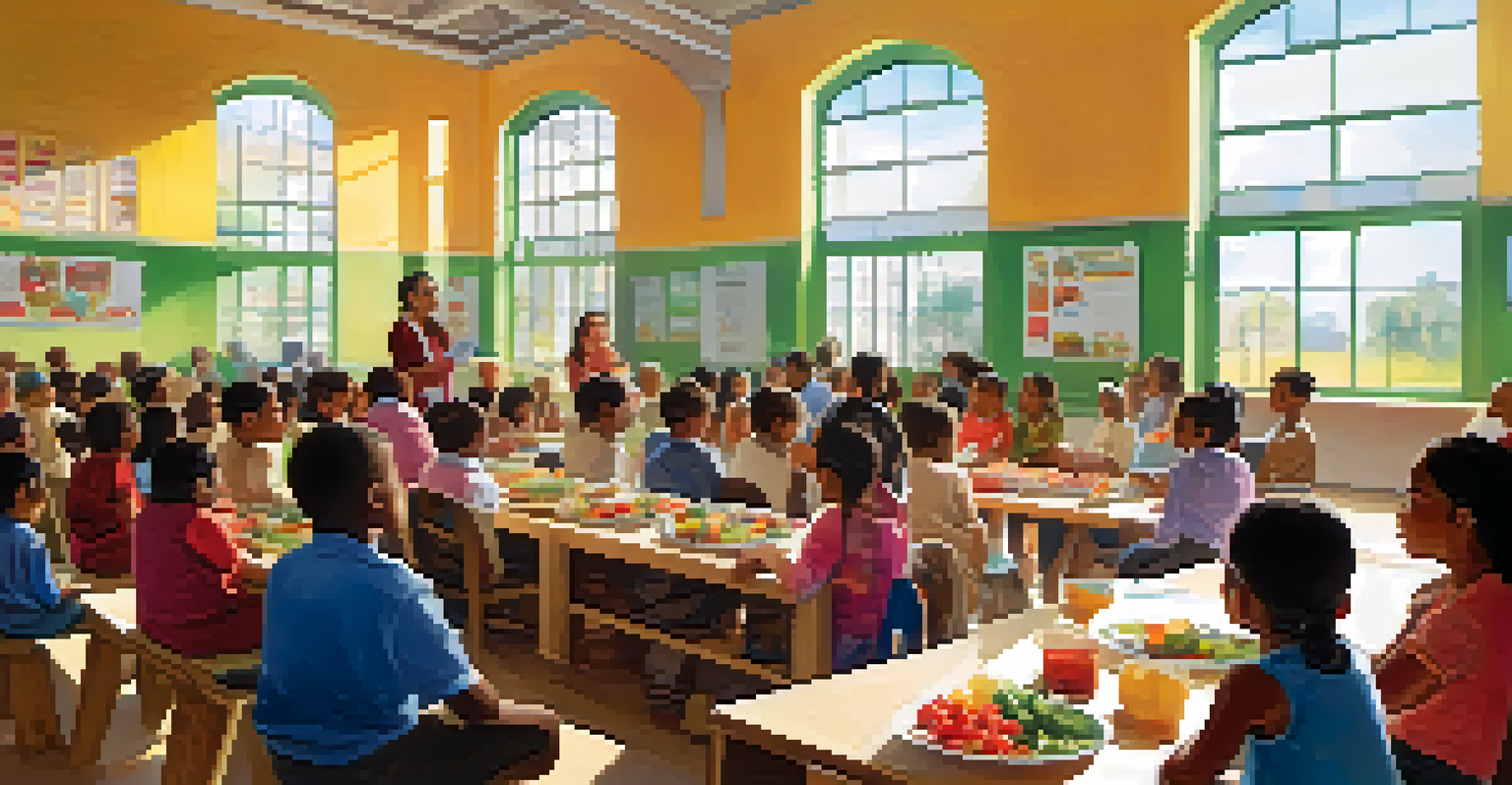 An educational workshop on nutrition awareness in a bright community center with a speaker and diverse audience engaged in learning.