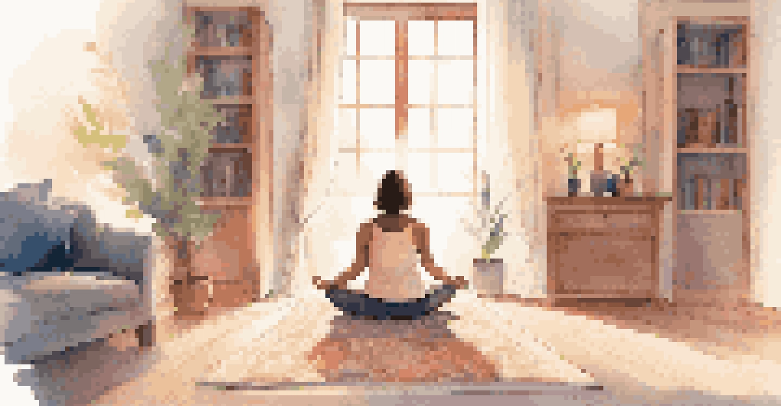 A person meditating in a peaceful living room with calming decor.