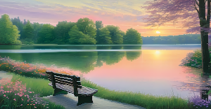 A peaceful park scene with a wooden bench by a tranquil lake at sunset, surrounded by trees and wildflowers.