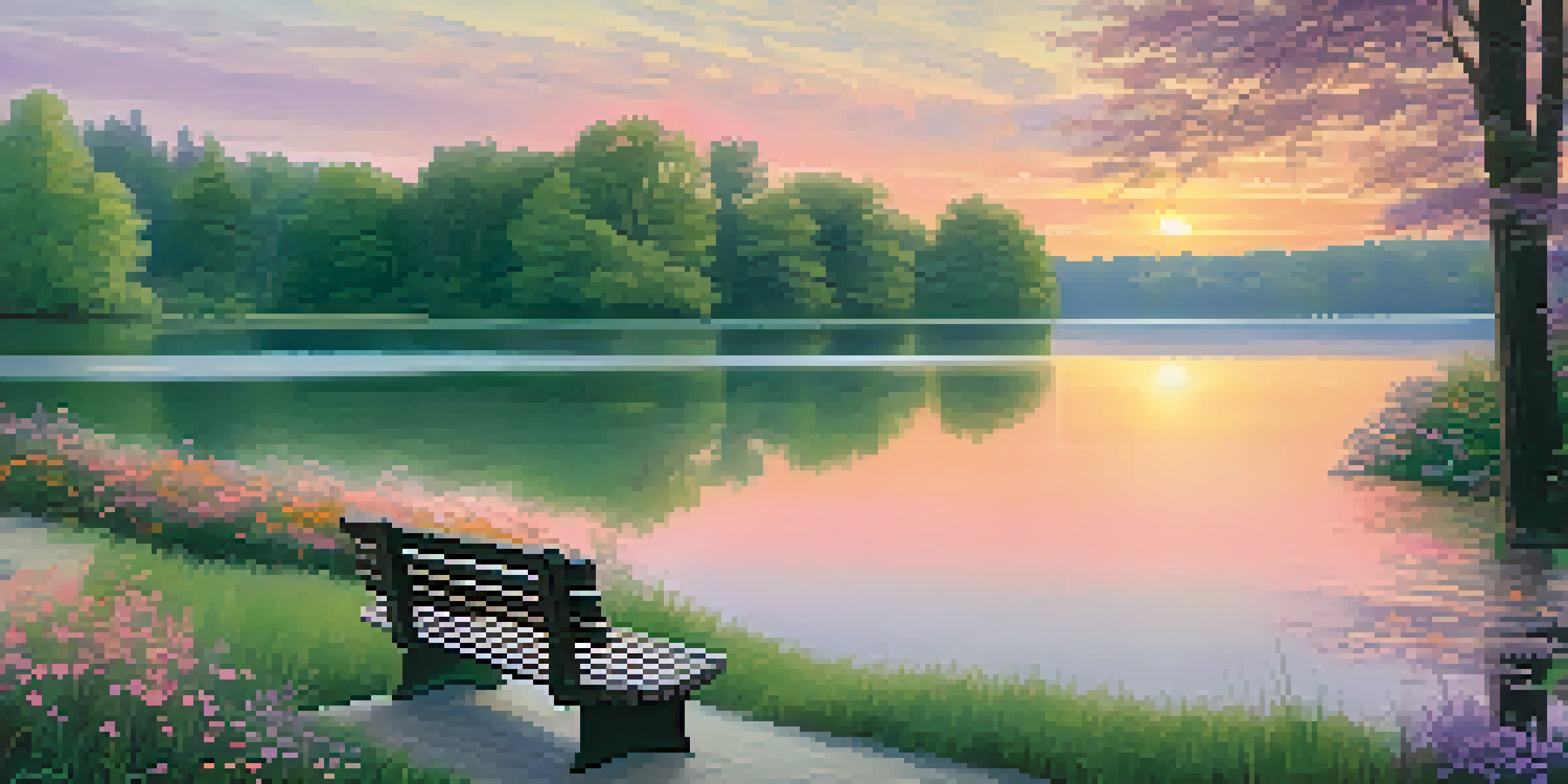 A peaceful park scene with a wooden bench by a tranquil lake at sunset, surrounded by trees and wildflowers.