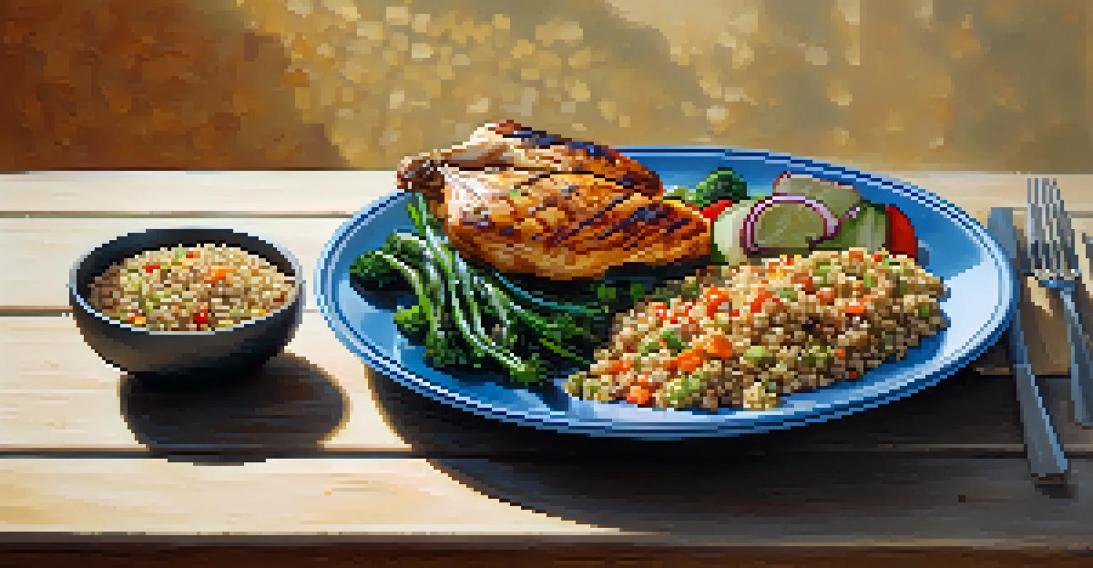 A plate of grilled chicken, vegetables, and quinoa on a wooden table, beautifully arranged with natural lighting.