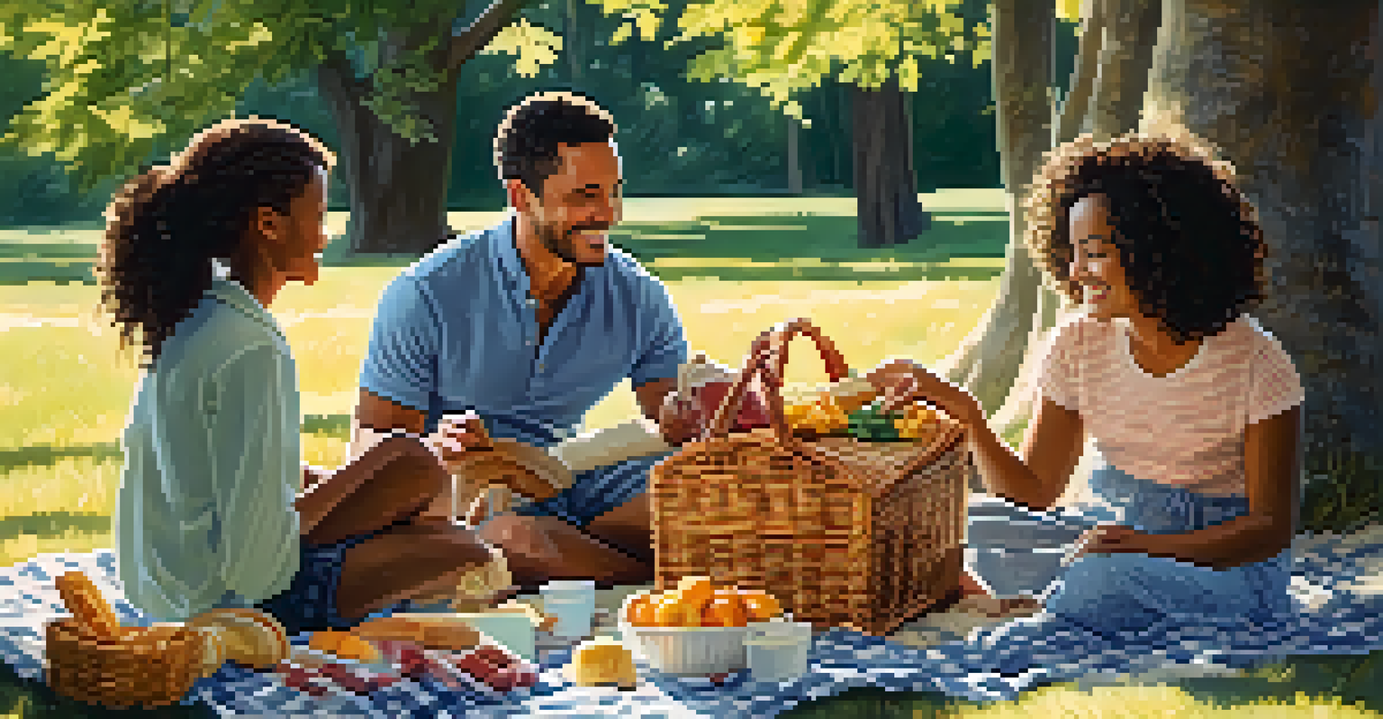 A family having a picnic under a tree, sharing gratitude, with sunlight filtering through the leaves, creating a joyful atmosphere.