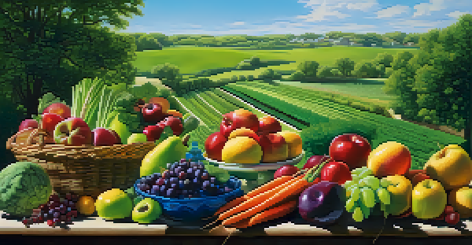 A vibrant landscape with a green field and colorful fruits and vegetables, symbolizing health and nutrition.
