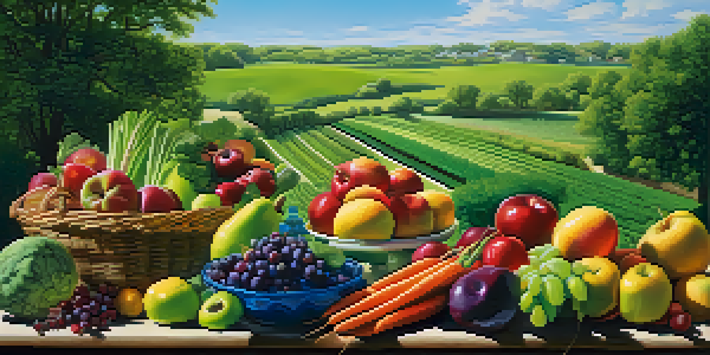A vibrant landscape with a green field and colorful fruits and vegetables, symbolizing health and nutrition.