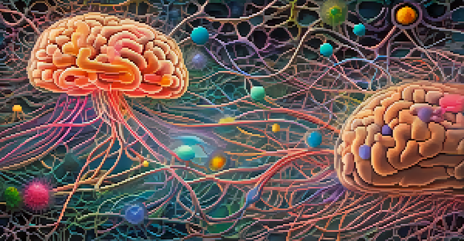 An abstract depiction of the gut-brain axis, showing a connection between a healthy gut and a glowing brain, with vibrant colors.