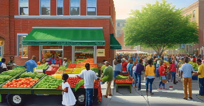 A lively food bank with diverse individuals receiving fresh produce, highlighting community support and volunteer efforts.