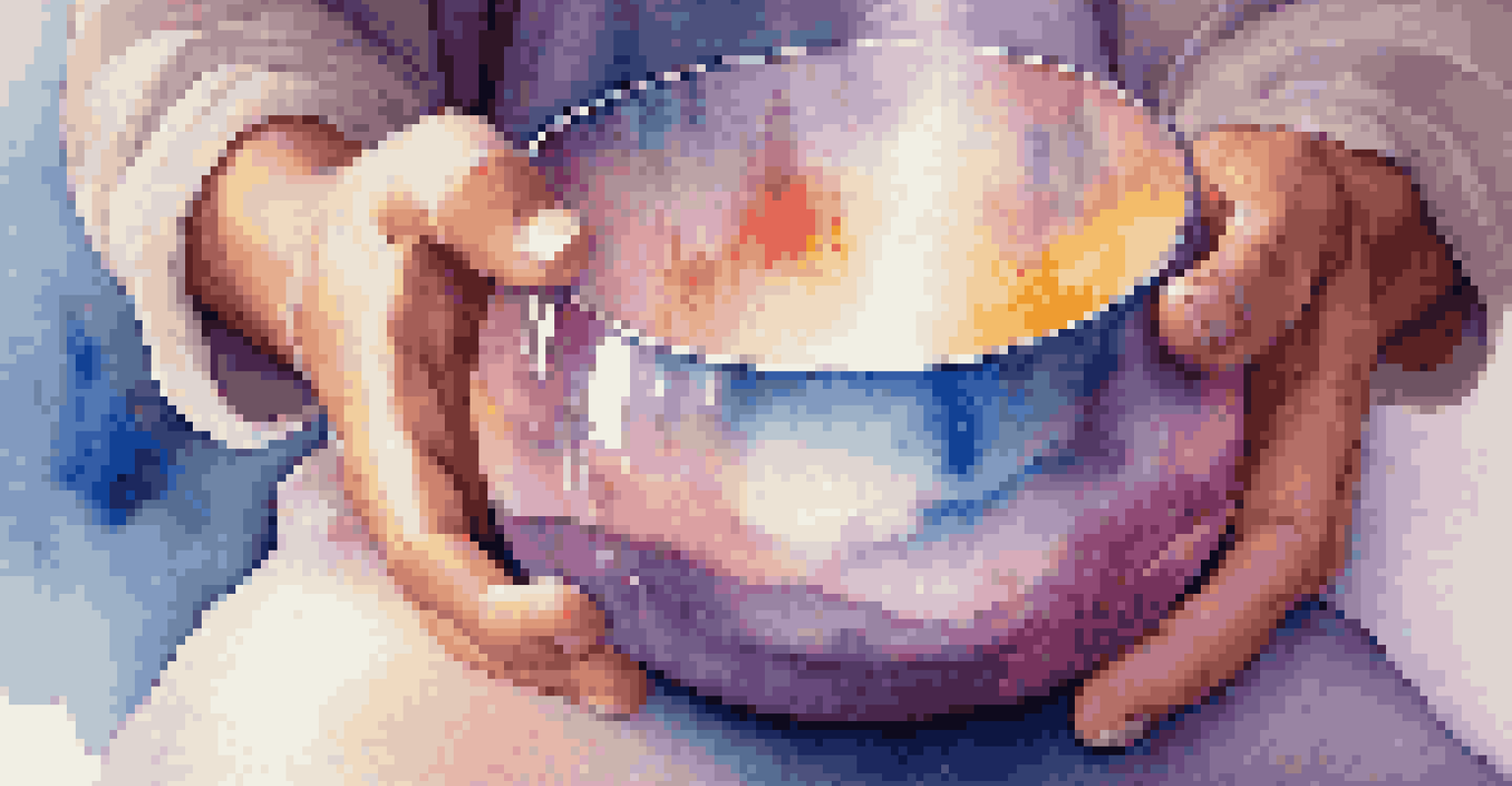 A close-up of hands playing a crystal singing bowl, showcasing the vibrations and colors it emits.
