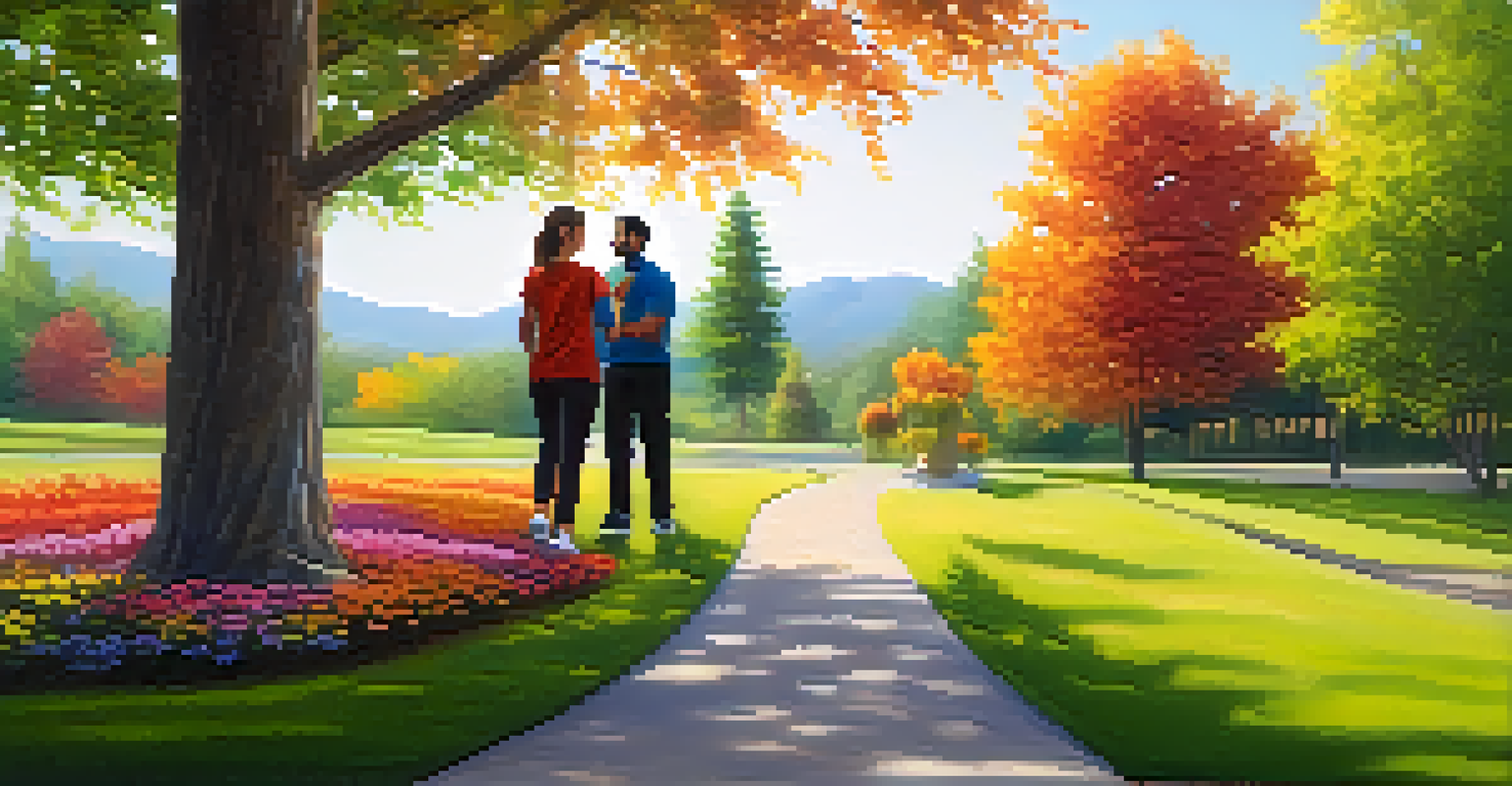 A wellness coach and client walking in a park, engaging in a motivational conversation amidst colorful nature.