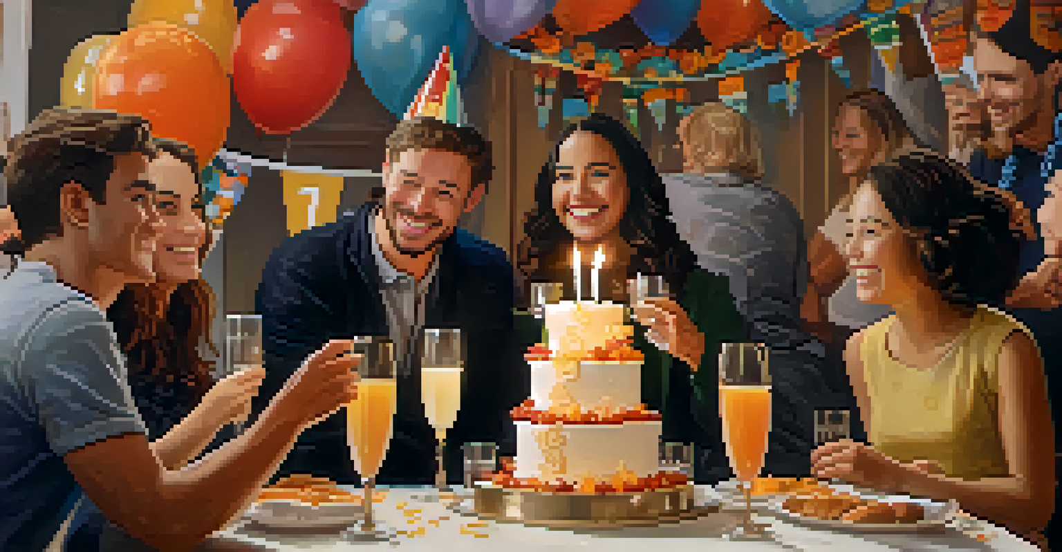 A group of friends celebrating with a toast, surrounded by decorations and a cake.