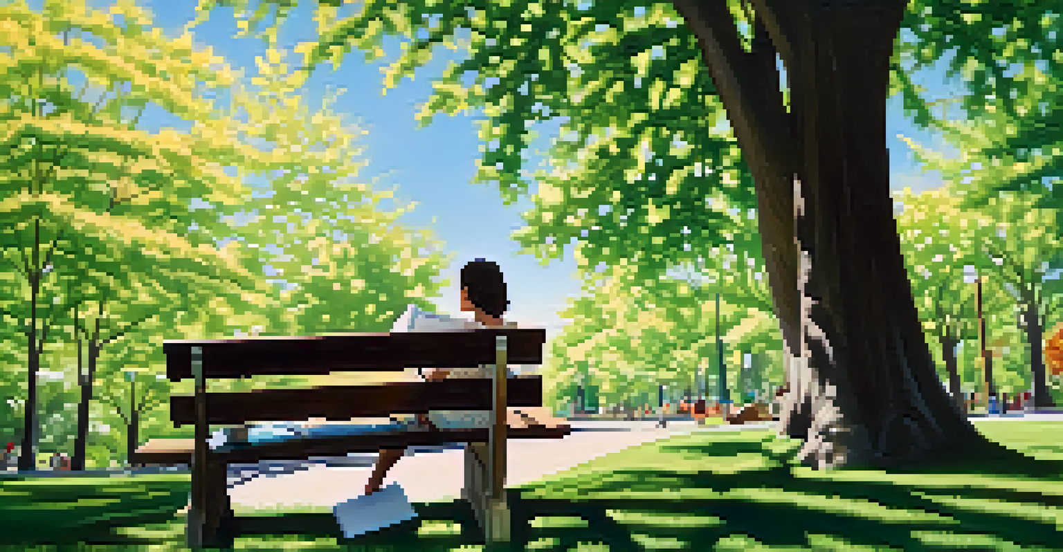 A person sitting on a park bench, journaling in a notebook, surrounded by green trees and flowers under a clear blue sky.
