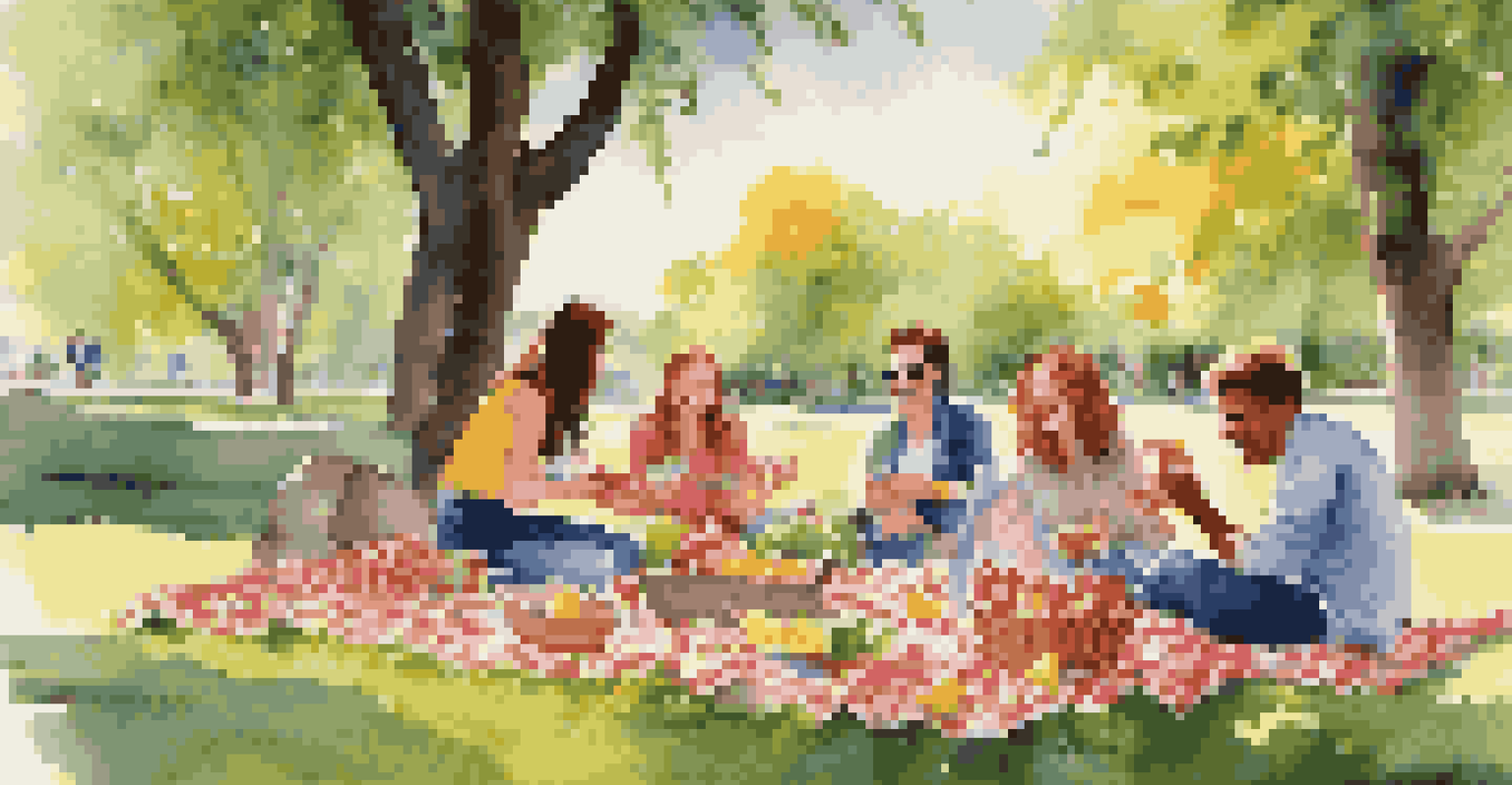 A group of friends enjoying a picnic in a sunny park with healthy snacks and laughter.