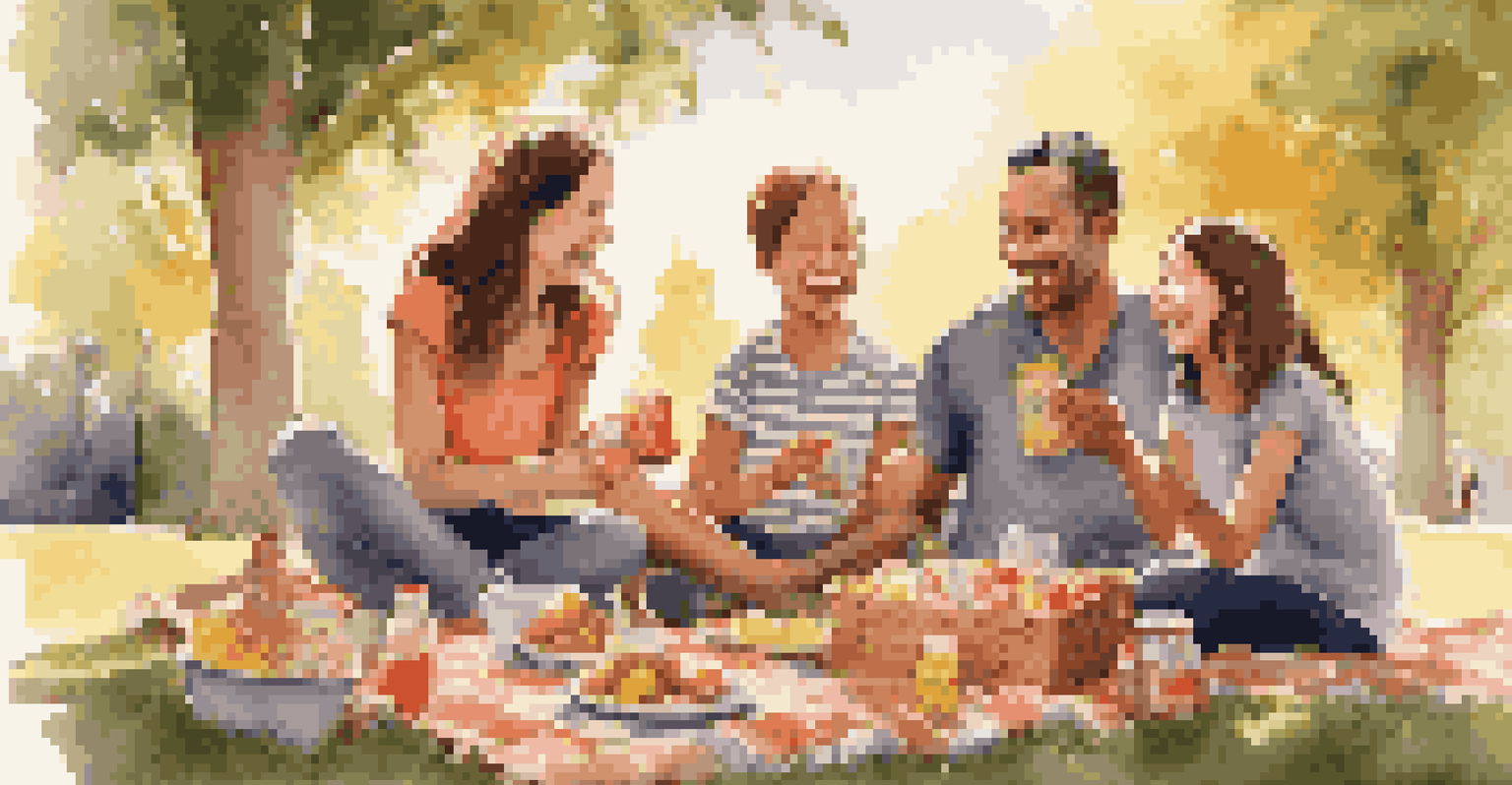 A happy family playing in a park on a sunny day, enjoying a picnic and sharing laughter.