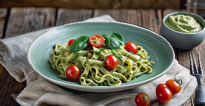 A bowl of creamy avocado pasta topped with cherry tomatoes and spinach on a rustic wooden table.