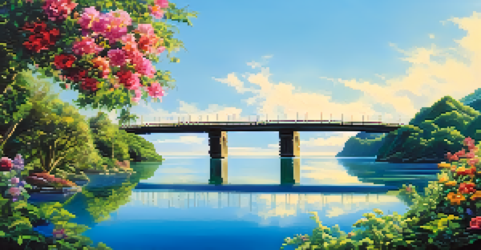 An artistic image of a flower bridge connecting two green islands under a clear blue sky, symbolizing effective communication.