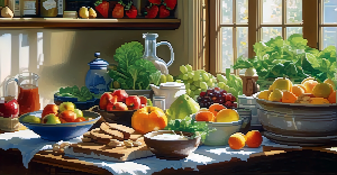 A bright kitchen table filled with healthy foods such as greens, dairy, nuts, and grains, with sunlight illuminating the scene.