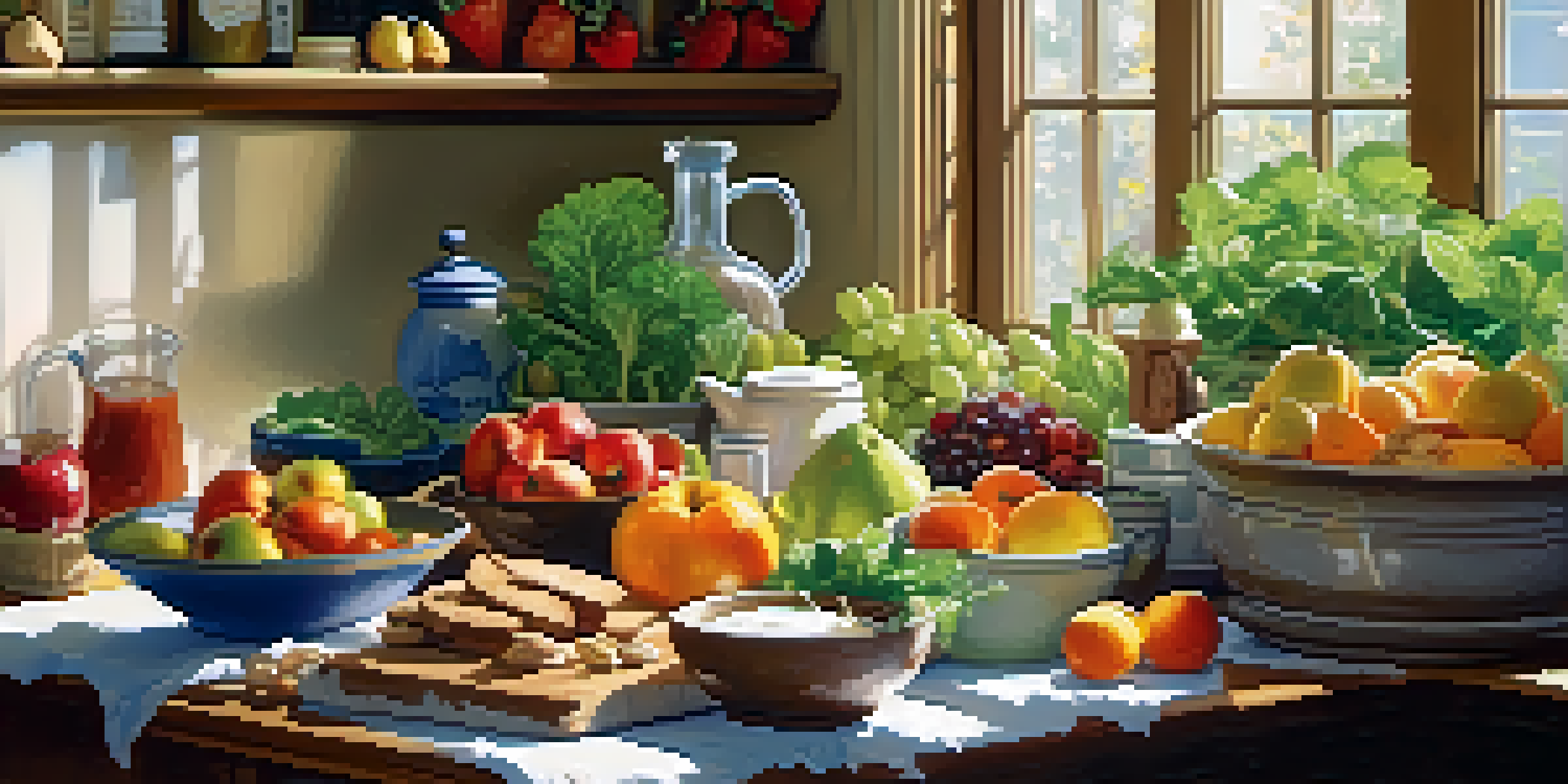 A bright kitchen table filled with healthy foods such as greens, dairy, nuts, and grains, with sunlight illuminating the scene.