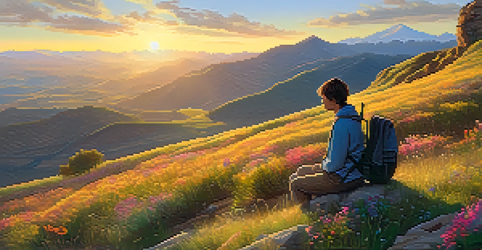 A person standing on a mountain top with a backdrop of a sunset, symbolizing forgiveness, with a heavy backpack beside them and wildflowers scattered around.