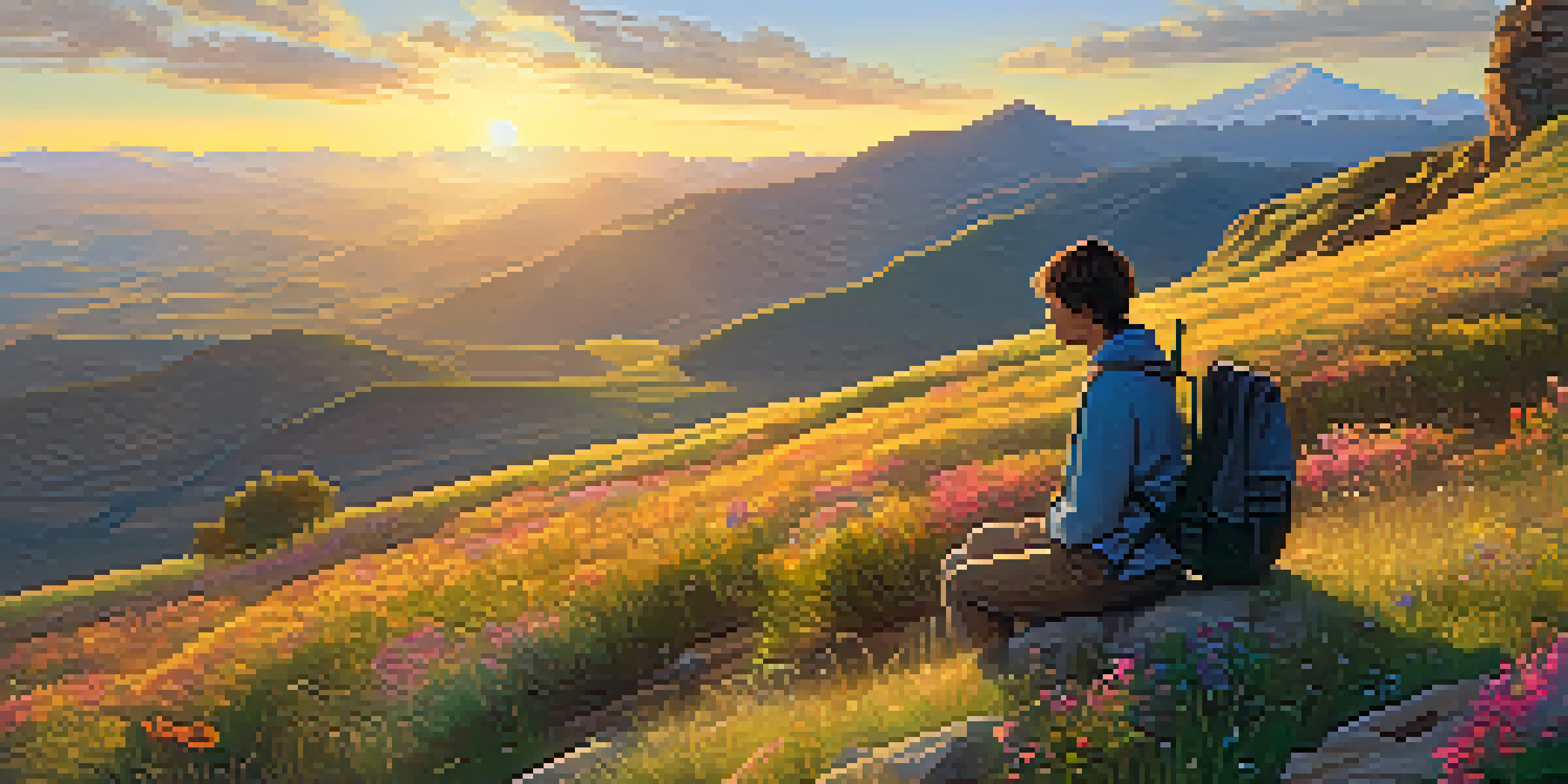 A person standing on a mountain top with a backdrop of a sunset, symbolizing forgiveness, with a heavy backpack beside them and wildflowers scattered around.