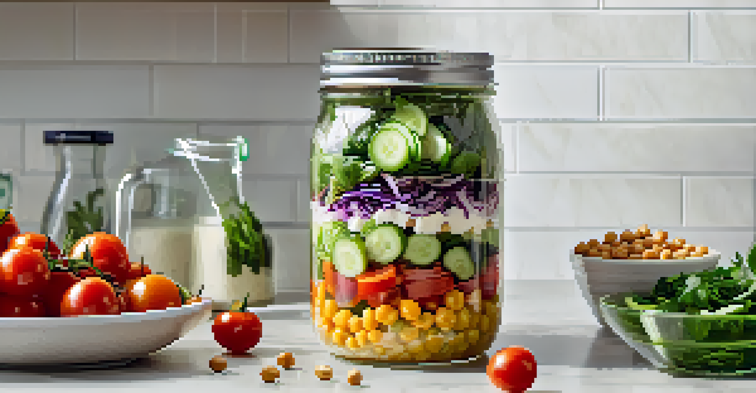 A mason jar filled with layers of colorful salad ingredients like vegetables, chickpeas, and greens, placed on a marble countertop with a fork beside it.