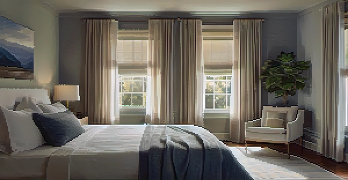 A cozy bedroom with a neatly made bed, soft lighting, and sheer curtains allowing moonlight to enter, creating a peaceful ambiance.
