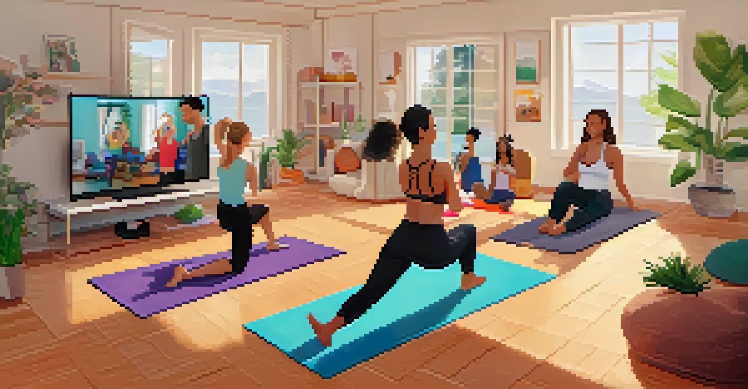 Group of friends joining a virtual fitness class at home, smiling and engaged in the workout.