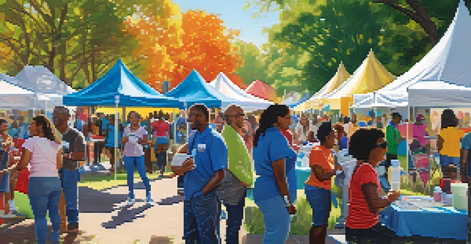 A lively community health fair with diverse people interacting with healthcare providers at mobile clinics in a sunny park.