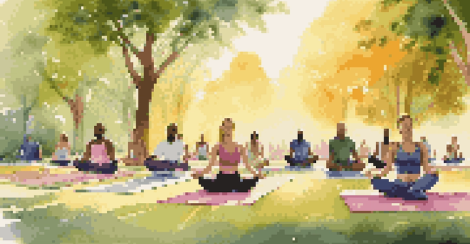 A diverse group of people practicing yoga in a park at sunrise, surrounded by greenery and colorful mats.