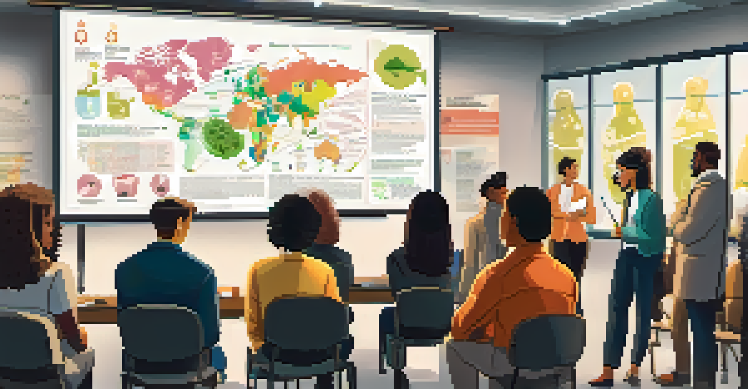 A workshop setting with people learning about environmental toxins, featuring a speaker and educational materials.