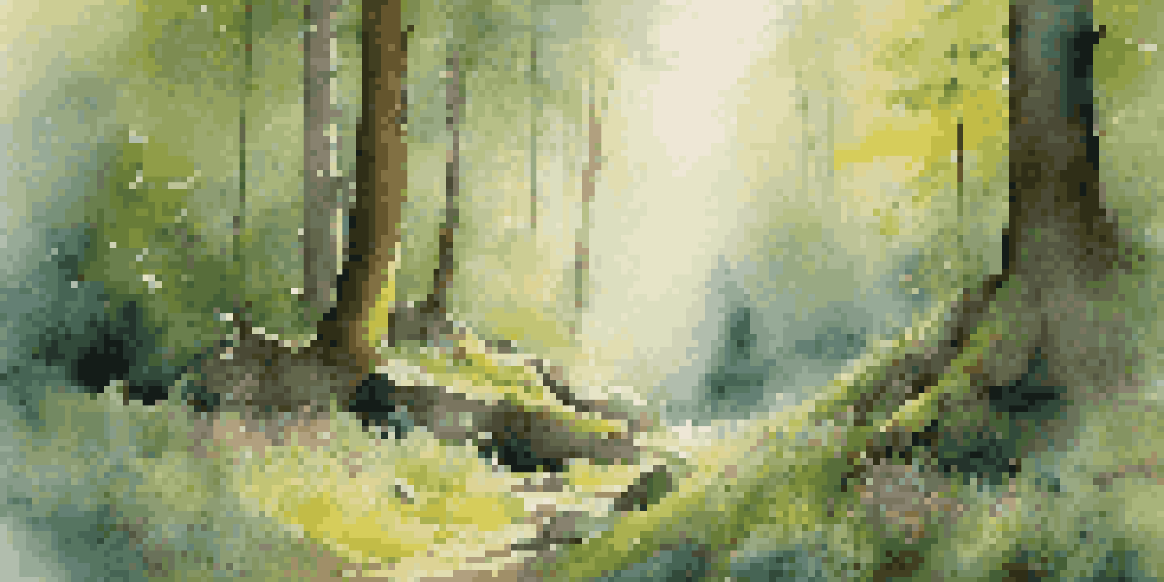 A person meditating in a peaceful forest with sunlight filtering through the trees and colorful wildflowers.