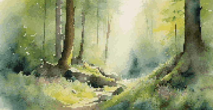 A person meditating in a peaceful forest with sunlight filtering through the trees and colorful wildflowers.