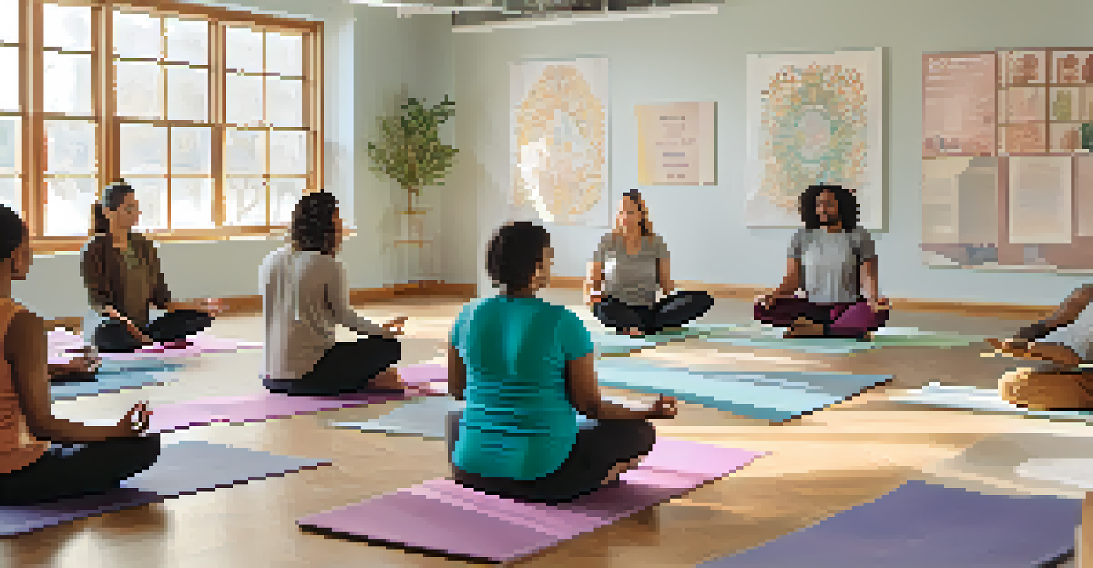 Employees engaged in a wellness workshop, practicing meditation in a circle with a calming instructor.