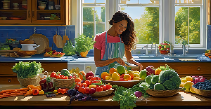 A bright kitchen scene with fresh fruits and vegetables on a wooden table and a person cooking from a cookbook, emphasizing healthy nutrition.