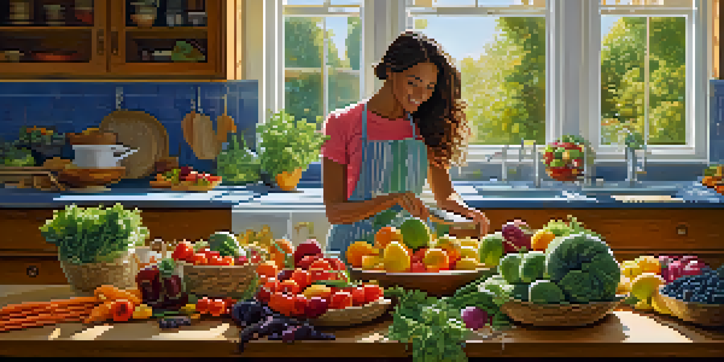 A bright kitchen scene with fresh fruits and vegetables on a wooden table and a person cooking from a cookbook, emphasizing healthy nutrition.