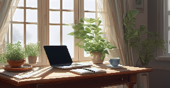A peaceful workspace with a wooden desk, laptop, notepad, and a cup of herbal tea, illuminated by soft morning light.