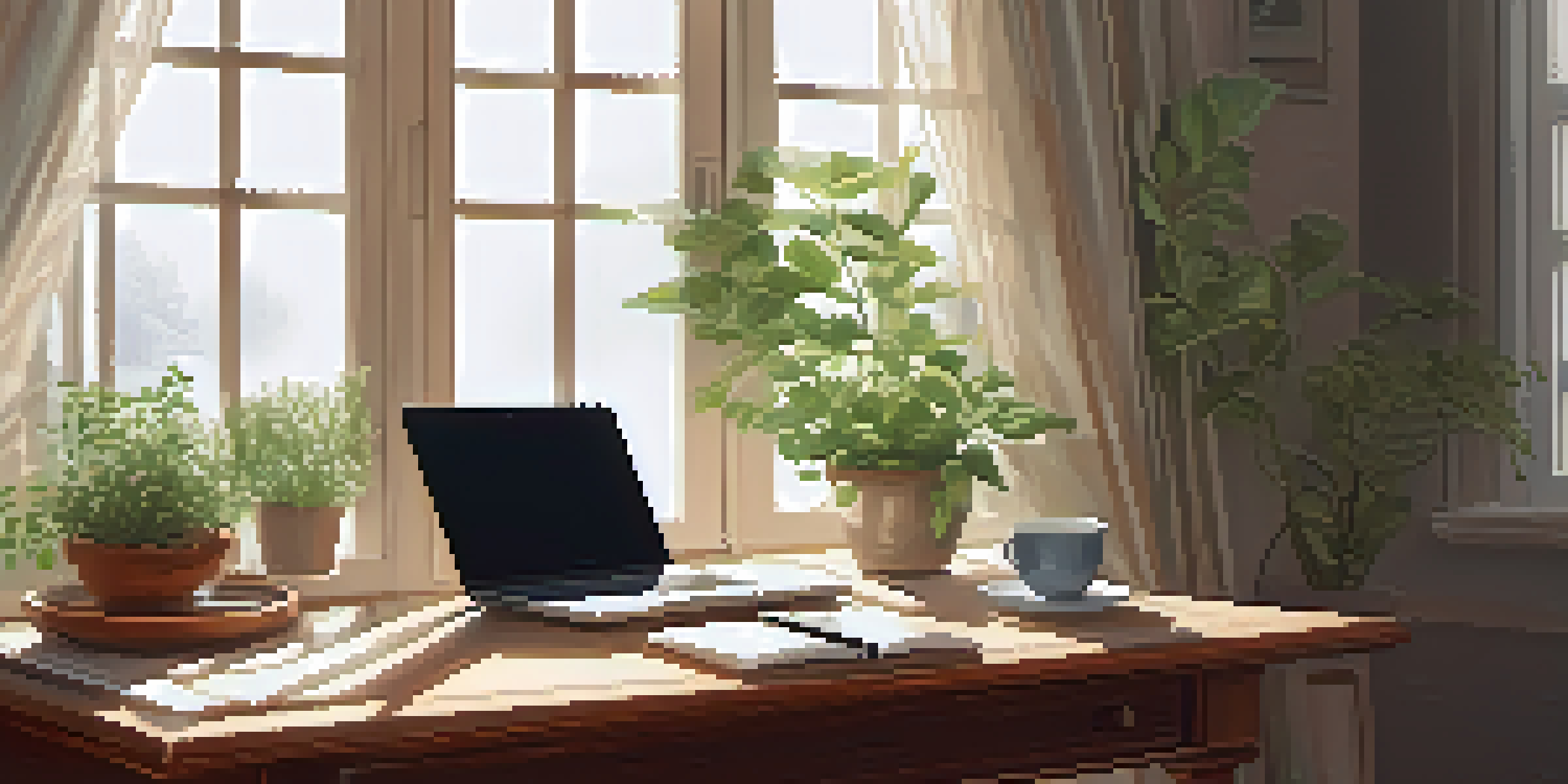 A peaceful workspace with a wooden desk, laptop, notepad, and a cup of herbal tea, illuminated by soft morning light.