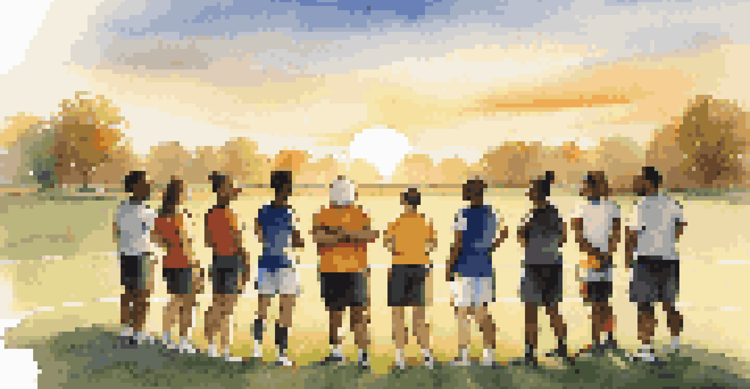 A diverse group of athletes and a coach in a circle on a grassy field during a motivational discussion at sunset.