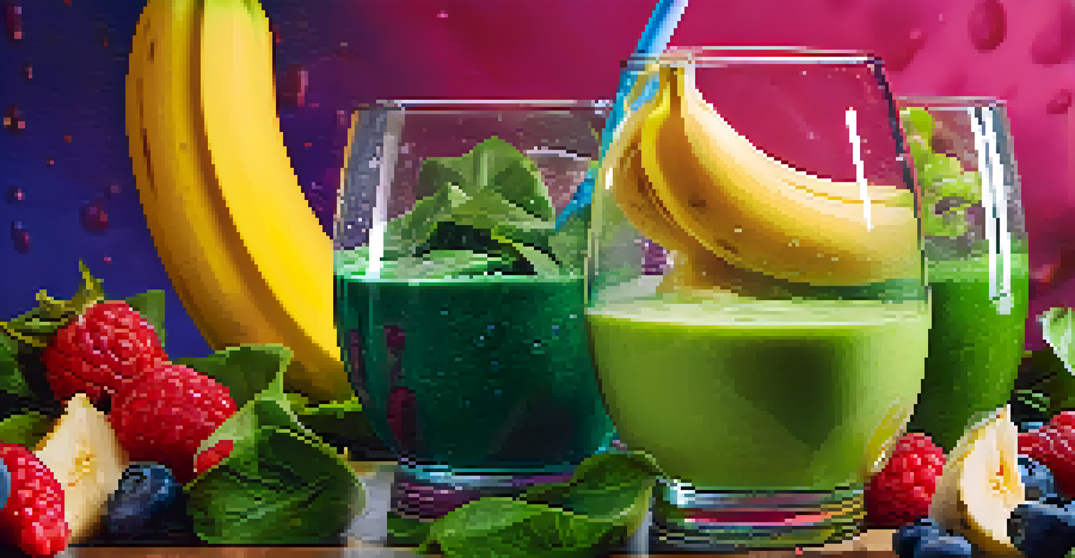A close-up of a hand pouring a colorful smoothie into a glass, showcasing fresh ingredients.