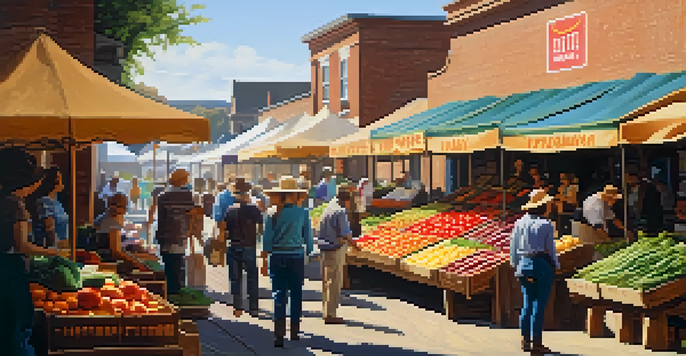 A lively farmer's market filled with colorful fruits and vegetables, with shoppers engaging with local farmers under bright sunlight.