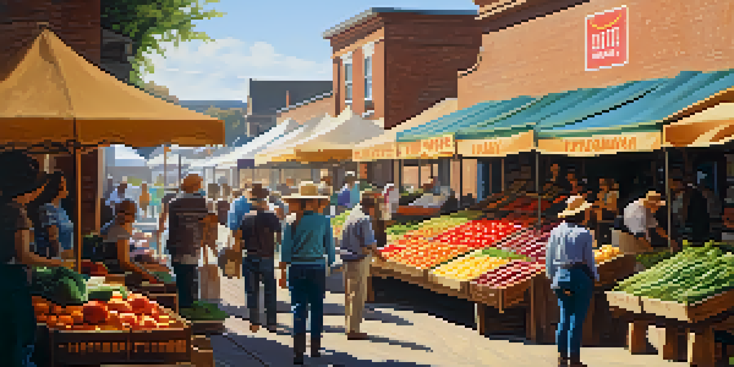 A lively farmer's market filled with colorful fruits and vegetables, with shoppers engaging with local farmers under bright sunlight.