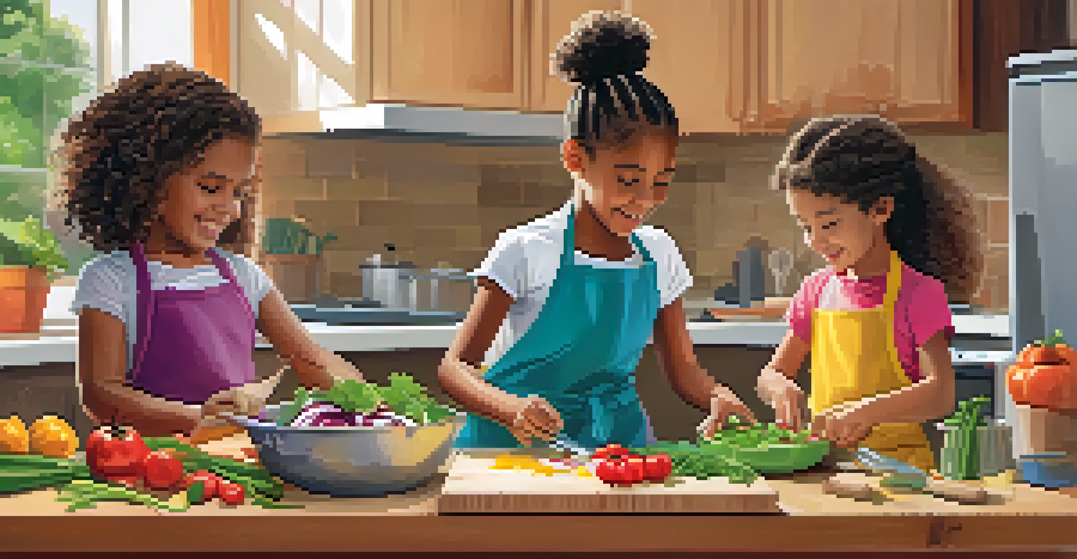 Children cooking a salad with colorful cutting boards and a parent guiding them in a cheerful kitchen setting.