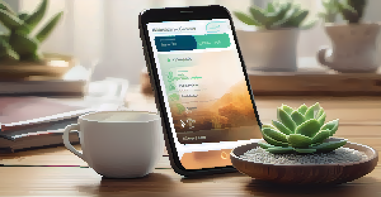 A smartphone with a wellness app on a wooden table beside a cup of tea and a succulent plant.