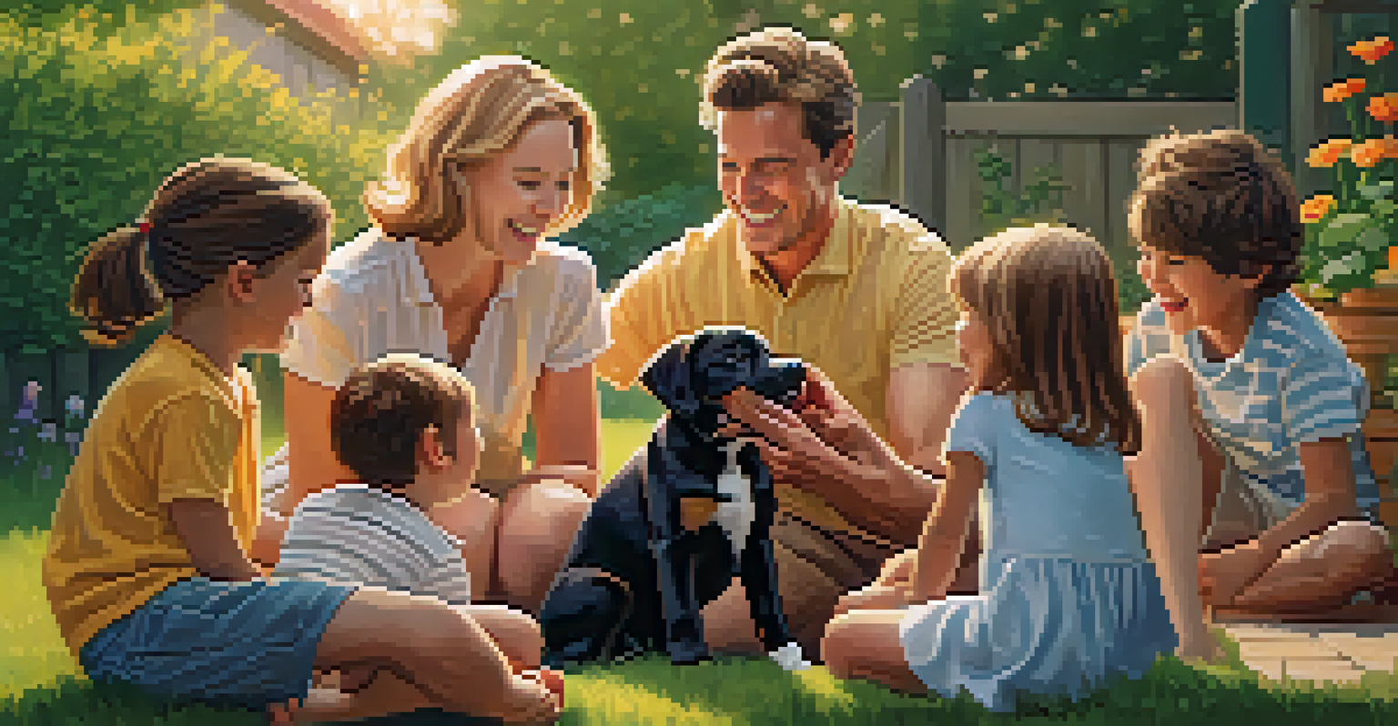 A family enjoying time with a playful puppy in a sunny backyard, surrounded by flowers.