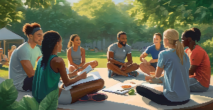 A diverse group of athletes in a circle, participating in a nutrition coaching session outdoors with a nutritionist.