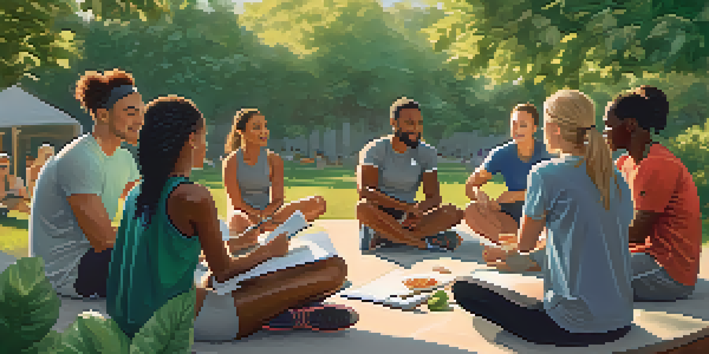 A diverse group of athletes in a circle, participating in a nutrition coaching session outdoors with a nutritionist.
